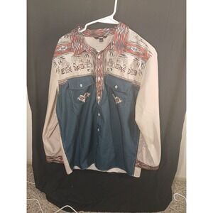Ouku Western Aztec Mustang Cowboy Print Line Sleeve Button Up Shirt Mens L